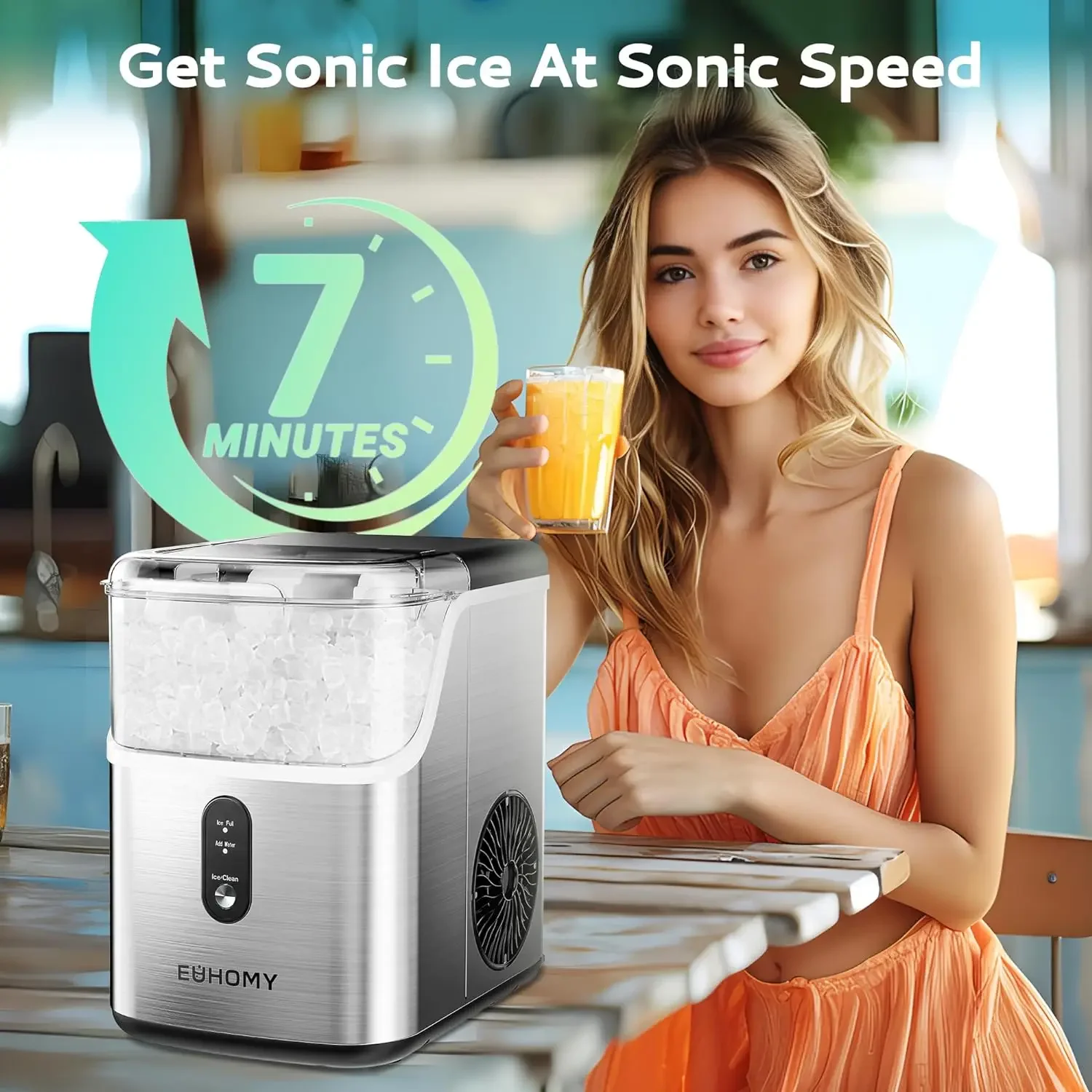 Pebble Countertop Ice Maker Machine W/ 35lbs/24H Soft Ice, Self-Cleaning Sonic Ice Maker W/ Ice Scoop&Basket, (Stainless Steels)