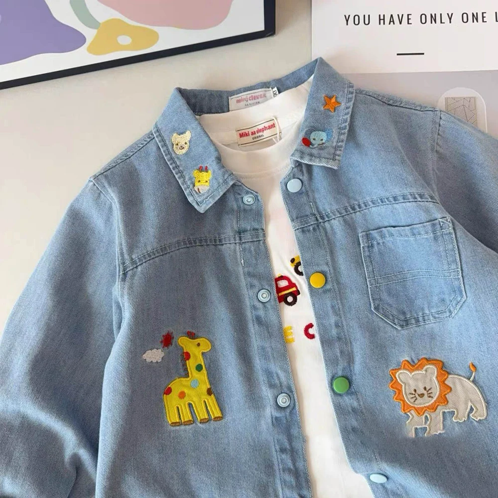 1-5Years Old Kids Denim Shirts Cartoon Embroidery Single Breasted Jean Coats for Boys Spring Autumn Children Clothes Outerwear