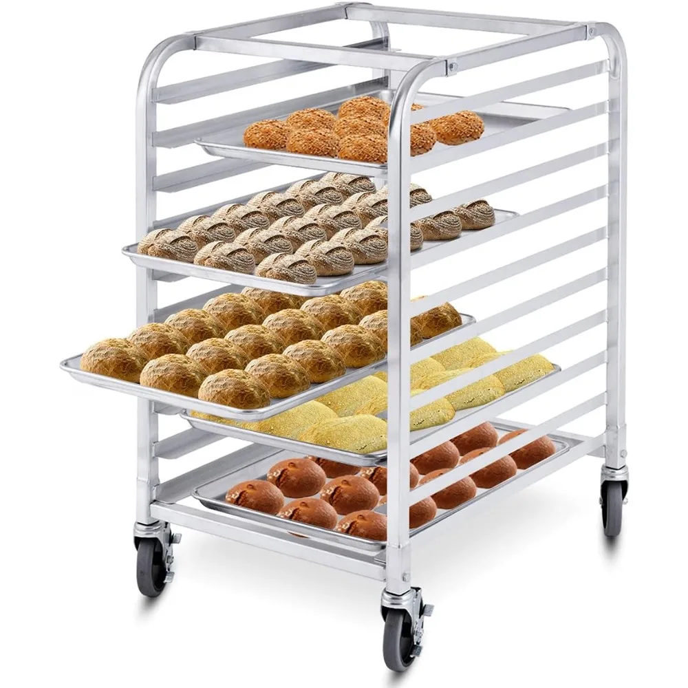 

10 Tier Bun Pan Rack, Bakery Rack with 2 Lockable Wheels, 10 Sheet Aluminum Storage Cooling Trolley with Open Shelf, Dough