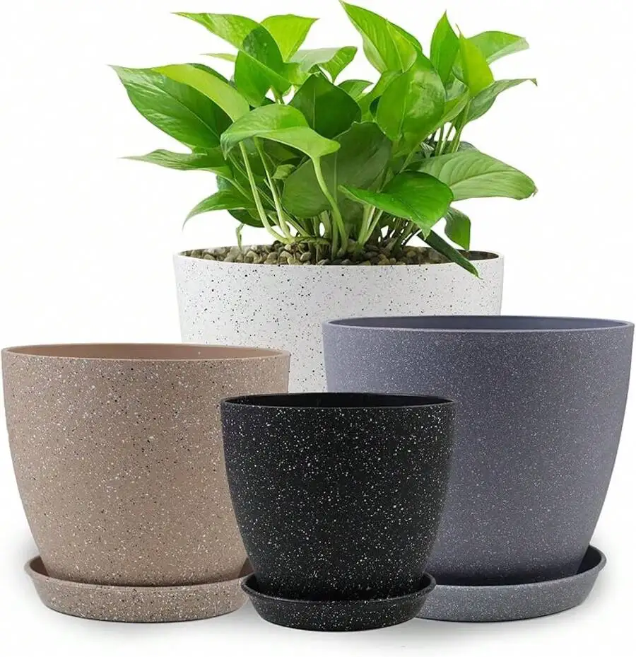 

4-Pack 6-8.5 Inch Plastic Indoor Flower Pots (White+Gray+Brown+Black) - With Saucers & Drainage, Model 8835