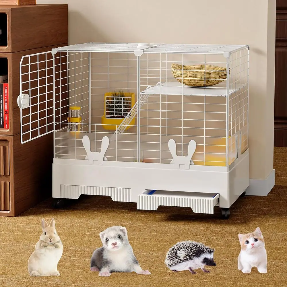 

Indoor Rabbit Cage with Urine-Proof Wall, Leak-Proof Trays, and Wheel for Small Animals