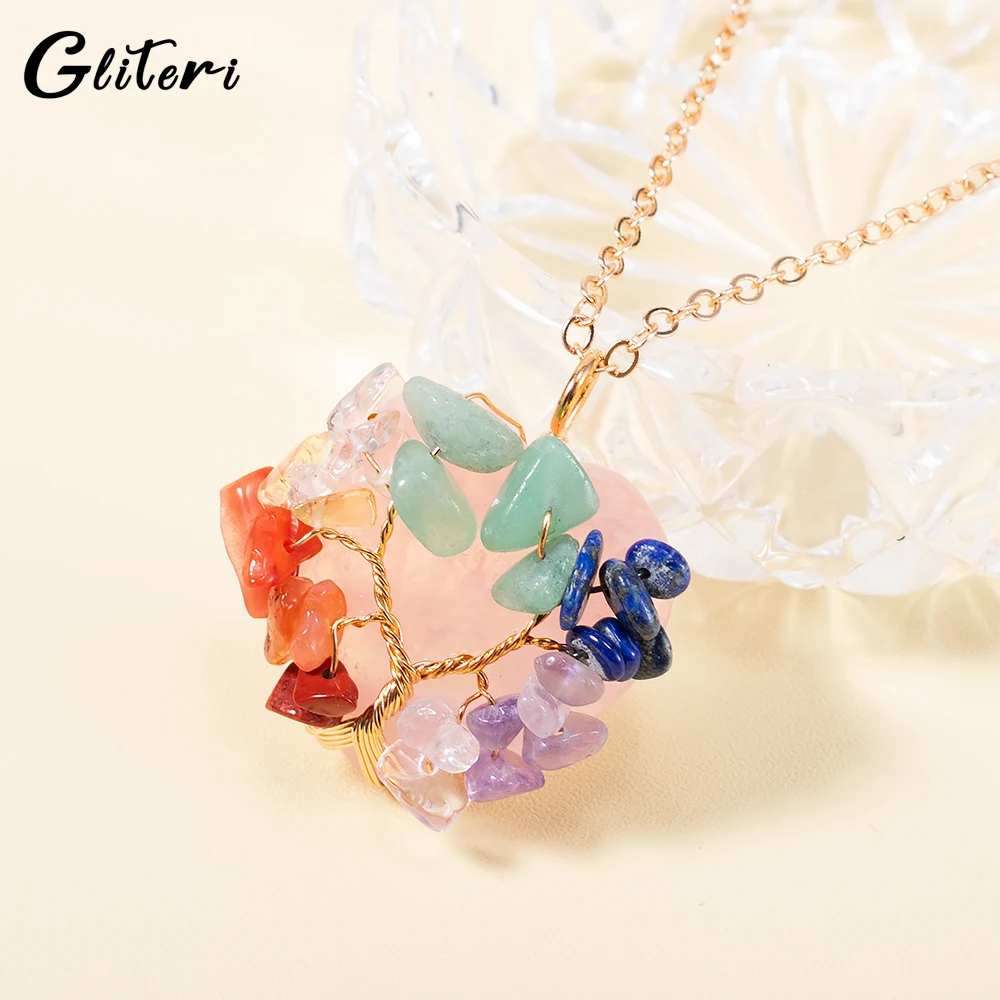 GEITERI Natural Crystal Peach Heart Tree of Life Necklaces For Women Girls Pink Stone Love Pendant Choker Jewelry Family Gifts