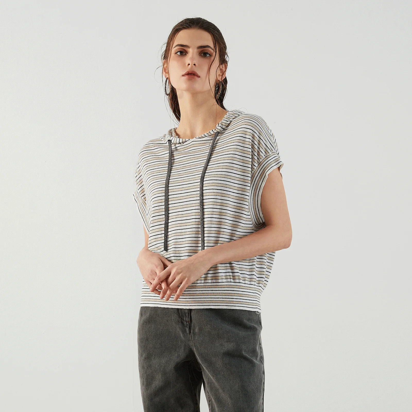 

BC-162 Women's Hooded Drawstring Striped Bat Sleeve Blend Pullover Comfortable Casual Style for Fashionable Ladies