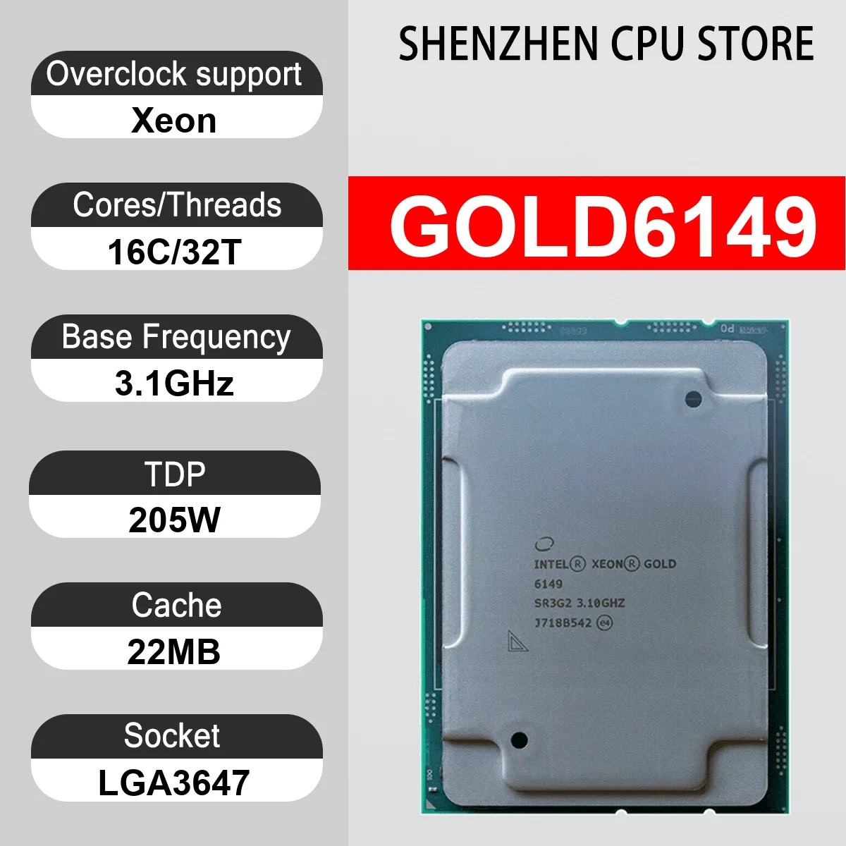 Intel Xeon GOLD6149 16 Core 32 Thread 3.1GHz 205W 22MB Cache 14nm LGA3647 SR3GK DDR4 2666 MHz Skylake SP