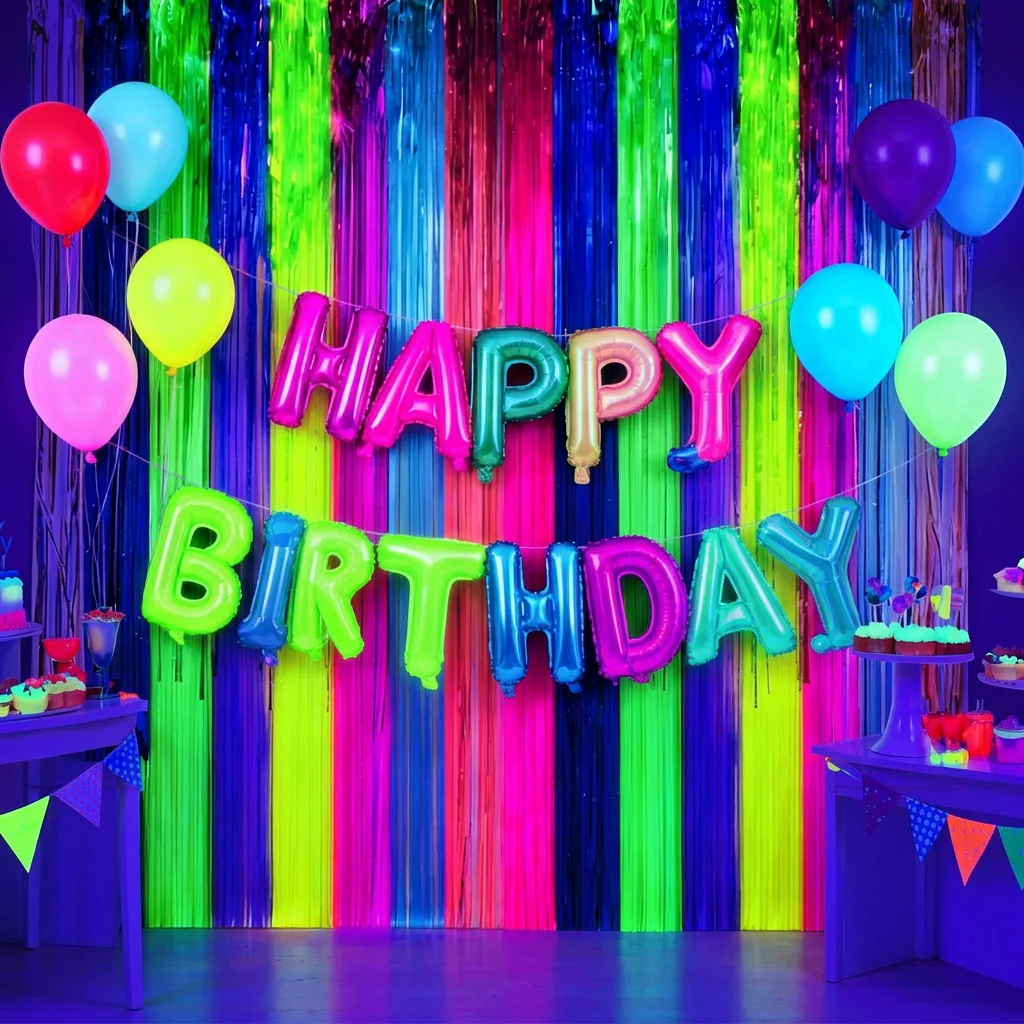 Im Dunkeln Leuchtender Folien-Fransenvorhang Regenbogen Schwarzlicht-Reaktiv Fluoreszierender Lametta-Hintergrund für Geburtstag Hochzeit Party Dekoration – Detail 1