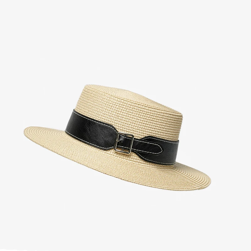 BEAU TODAY Straw Hats Women Paper Straw Khaki Wide Brim Black Panama Metal Decotarion Summer Beach Fashion Ladies Sun Caps 96505