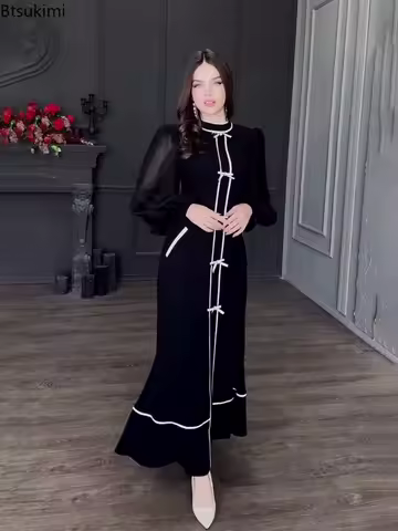 2026 Spring Women Bow Decorated Long Dress Fashion Splice Design Lantern Sleeve Mock Collar Evening Dress Elegant Women Clothing