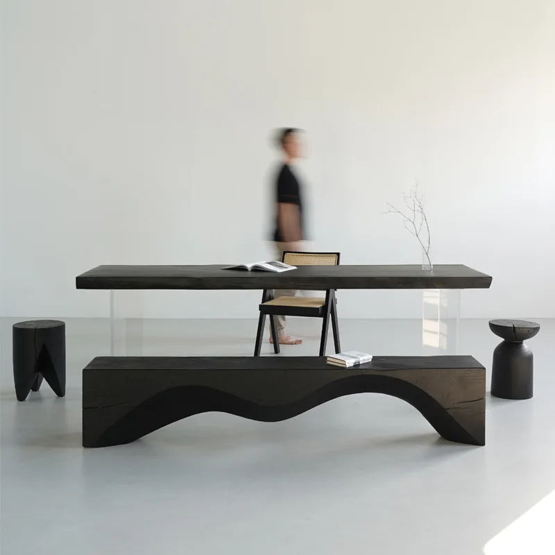 Burnt carbonized black solid wood dining table, living room large board desk simple long table
