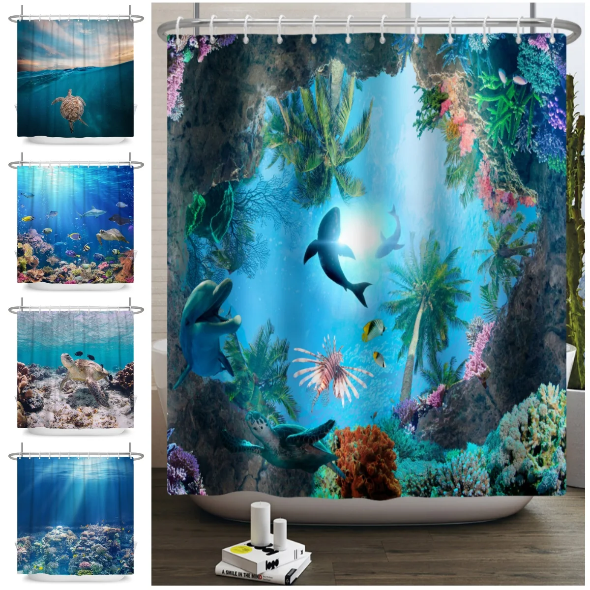 

Underwater World Theme Bathroom Shower Curtain Sharks Turtles Jellyfish Decor Waterproof Bathroom Polyester Curtain With Hooks