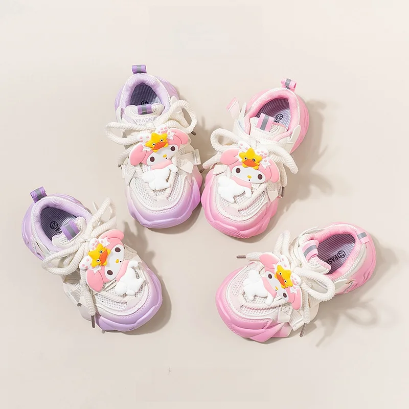 

Детская повседневная обувь с героями мультфильмов Kuromi, весенняя обувь из искусственной кожи для девочек, Нескользящая дышащая розовая обувь на липучке, размер 26-36