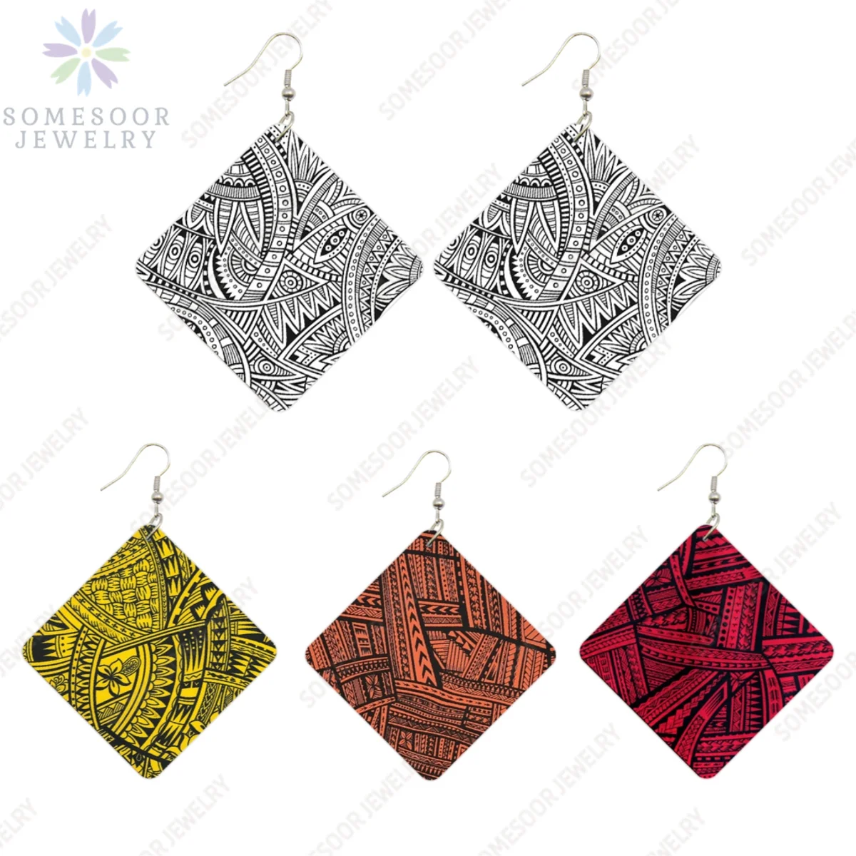 SOMESOOR Polynesian Art Samoan Fabric Print African Wooden Drop Earrings Hawaii Pattern Tribal Square Dangle Jewelry Women Gifts