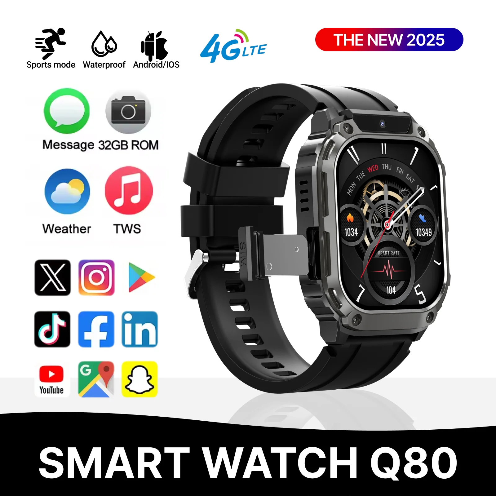 

2025 НОВЫЙ Q80 Смарт-часы 4G SIM 1,955-дюймовый HD-экран GPS + Wi-Fi Передняя камера Видеозвонок 64 ГБ/128 ГБ ПЗУ Android OS Google Play