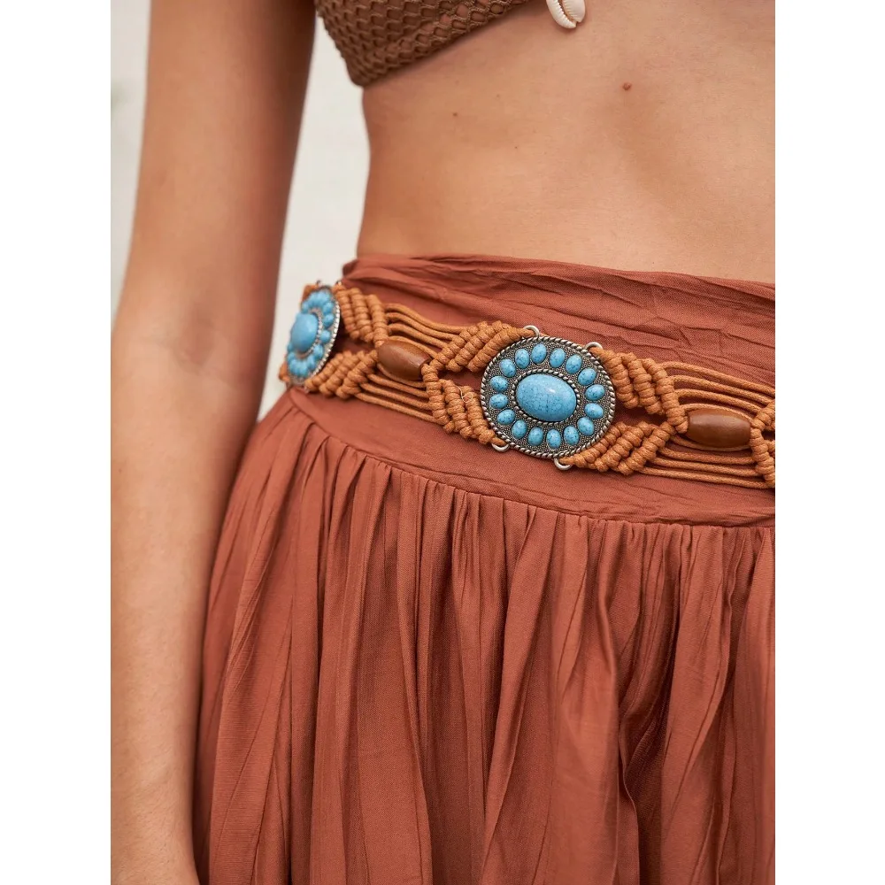 New Bohemian Style Alloy Turquoise Resin Beaded Braided Knot Waist Belt For Women, Match With Skirt