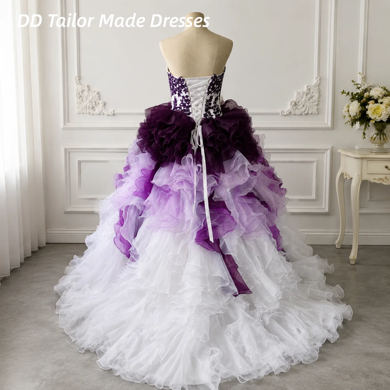 Strapless Gradient Purple White Prom Dress Lace Appliques Corset Ball Gown Tiered Ruffle Quinceanera Dress Customized