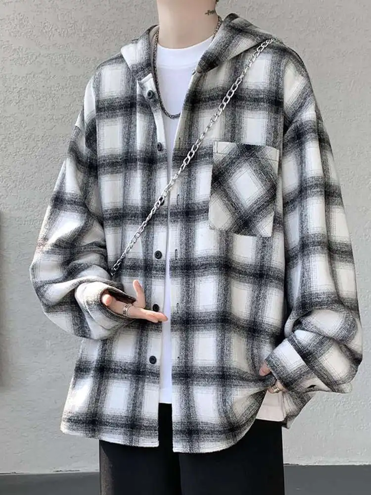 

Повседневная свободная шерстяная куртка-рубашка в клетку с капюшоном, большие размеры, модная верхняя одежда для студентов, мужская и женская одежда