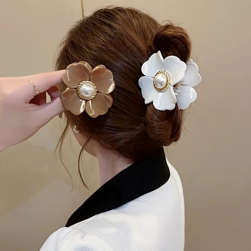 Elegant Flower Shaped Hair Claw Clips With Faux Pearl Decor, Nonslip Hair Clips For Women, Strong Hold Hair Accessory