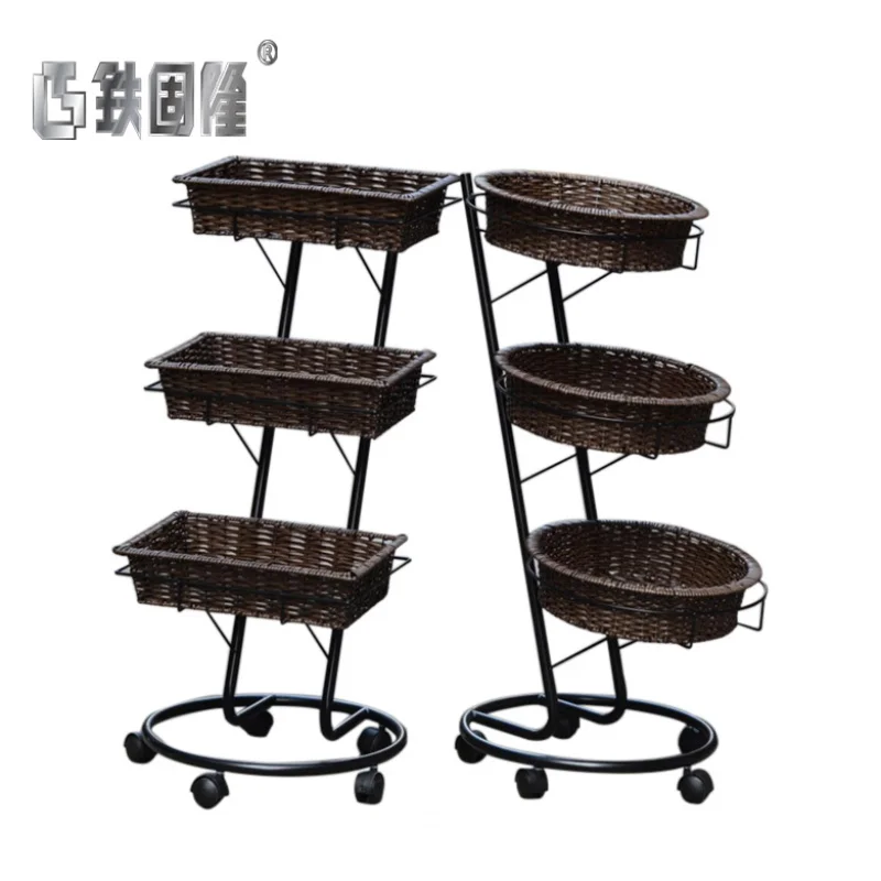 (customized)3-layers fruit metal display rack with wheels and rattan baskets