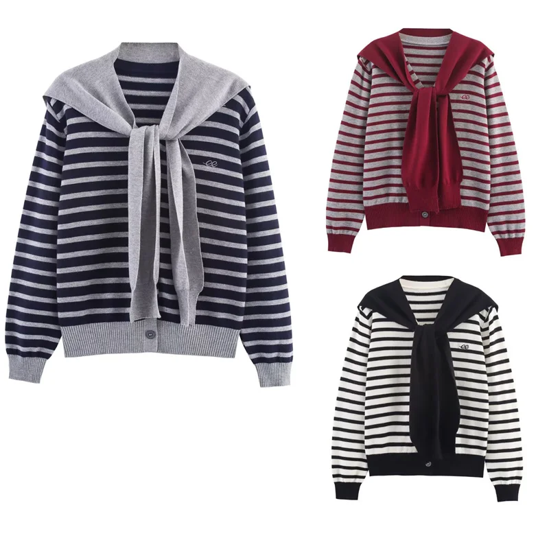 

Women's Knitwear 2025 New Striped Jumper with Scarf Long Sleeve Jumper Autumn and Winter Girly Cute Multi-Colored Sweater