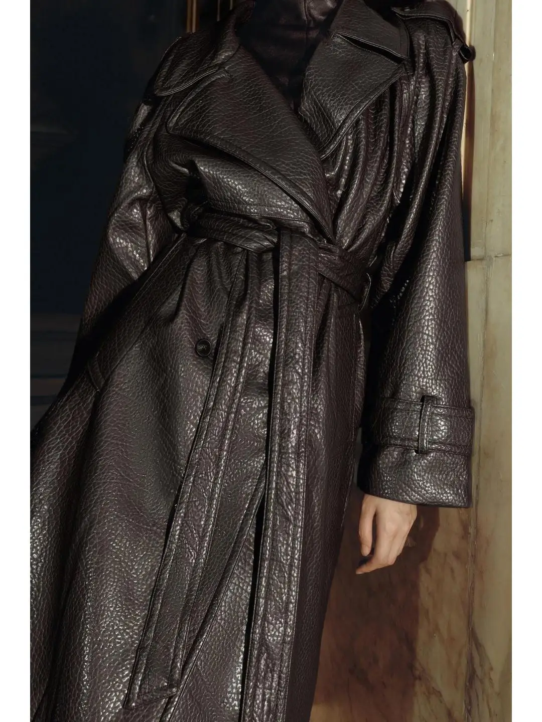 Autumn Faion Belt Decorative Double Flap Button Closure Faux Leather Effect Coat Outerwear Long Sle for Young Women