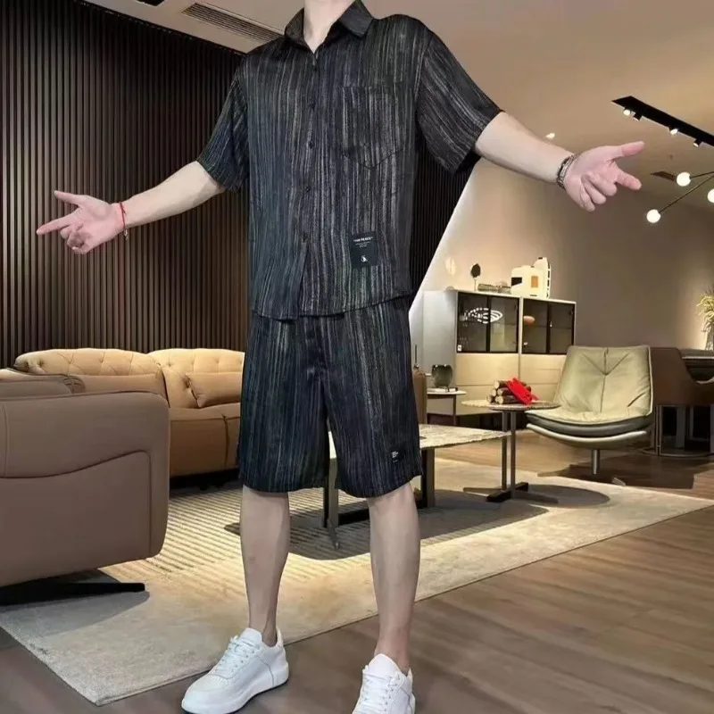 

Black Shirts Shorts Suits for Men No Logo Trends Costumes Kpop Luxury Tee High Quality Baggy Novelty in Stretch Loose Man Sets