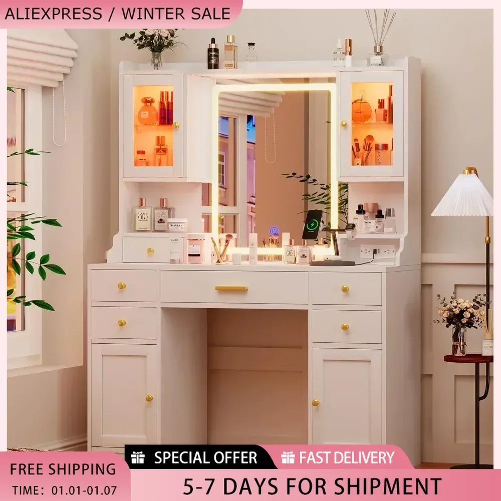 White Vanity Desk with Mirror, Lights and Charging Station with RGB Cabinets and 3 LED Light Modes, Large Makeup Table Set