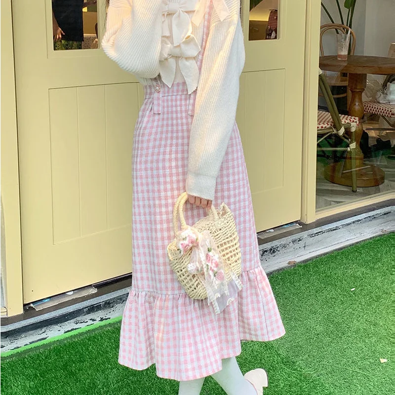 Kawaii Woolen Pink Plaid Mermaid Skirt Women Autumn Japanese Sweet Elegant High Waist Slim Strap Long Skirts Soft Girl