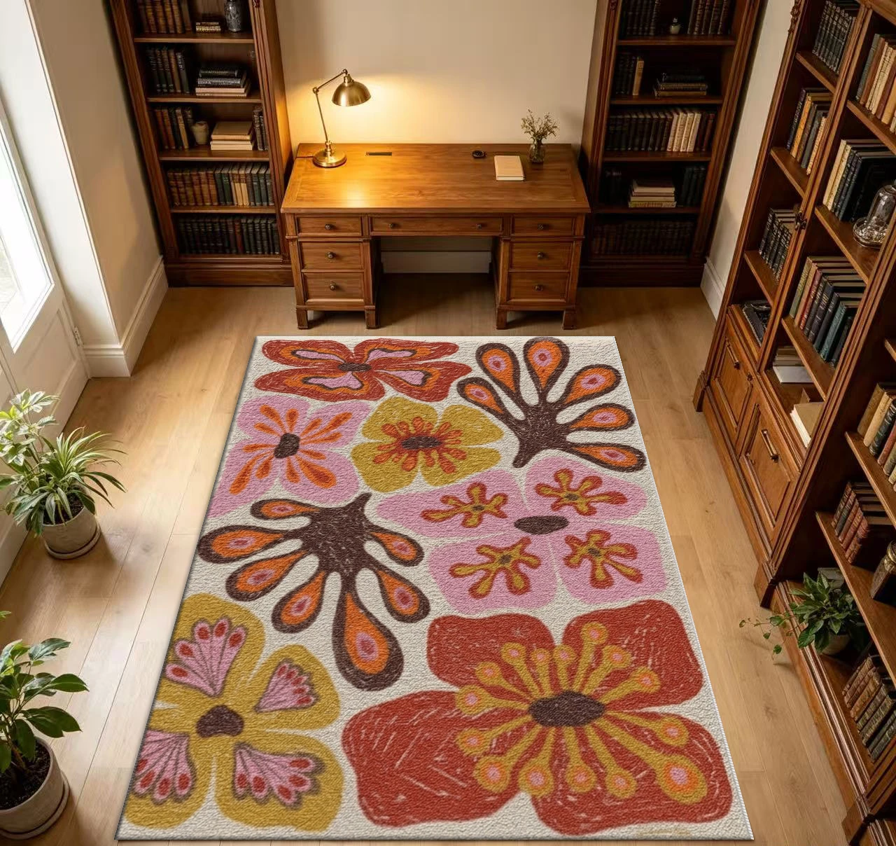 Retro Abstract Floral Area Rug Mid Century Modern Colorful Flower Art Home Decor Carpet