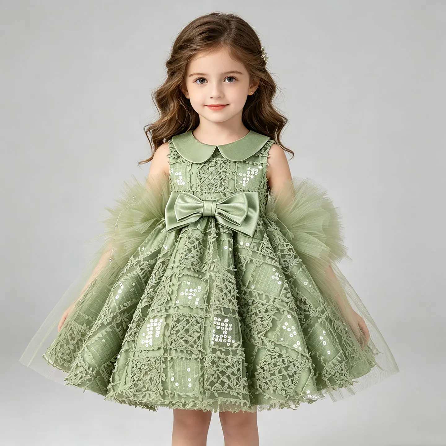 Jill Wish J898 Girls Sage Green Sequin Lace Dress with Peter Pan Collar & Big Bow, Puff Tulle Sleeve Princess Gown Elegant