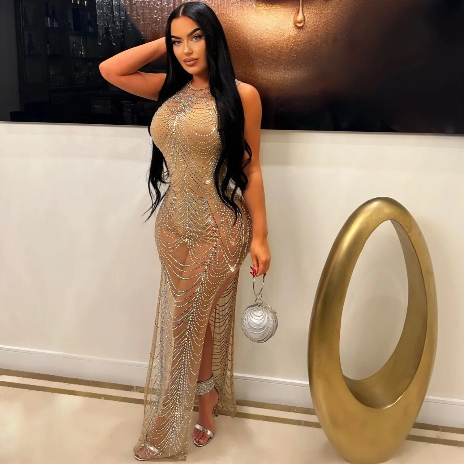 Abiti lunghi senza maniche con strass caldi in rete tinta unita per banchetti da discoteca sexy