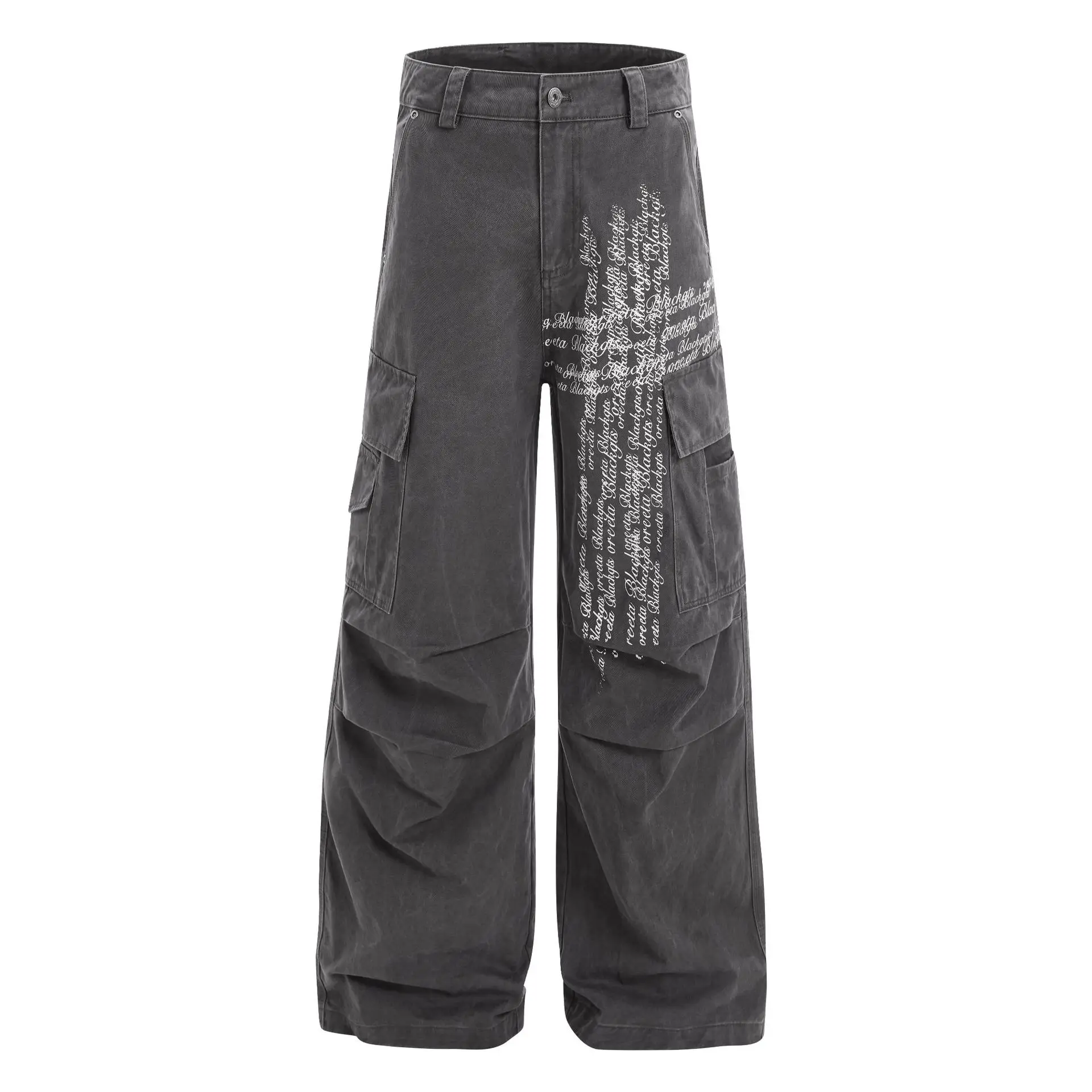 OR FL American Street Style Letter Print 100 Cotton Women Cargo Trousers Retro Pleats Staraight Slacks Women's Wide Leg Pants