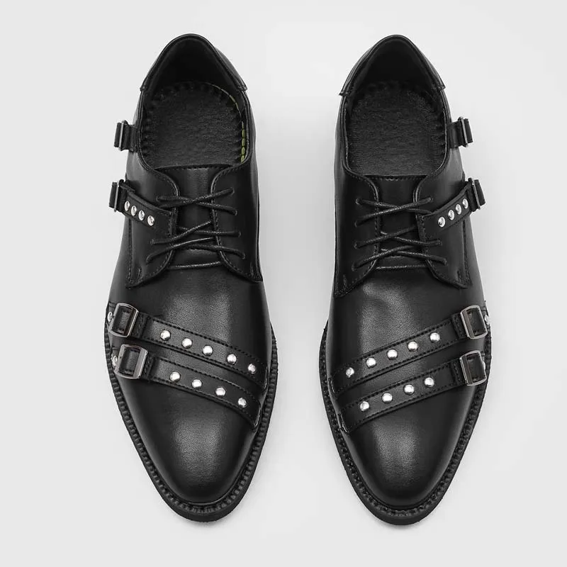 Mirror Lacquered  Rivet Double Button Men Business Casual Shoes Niche Design University Style Daily Commuting Retro Single Shoe