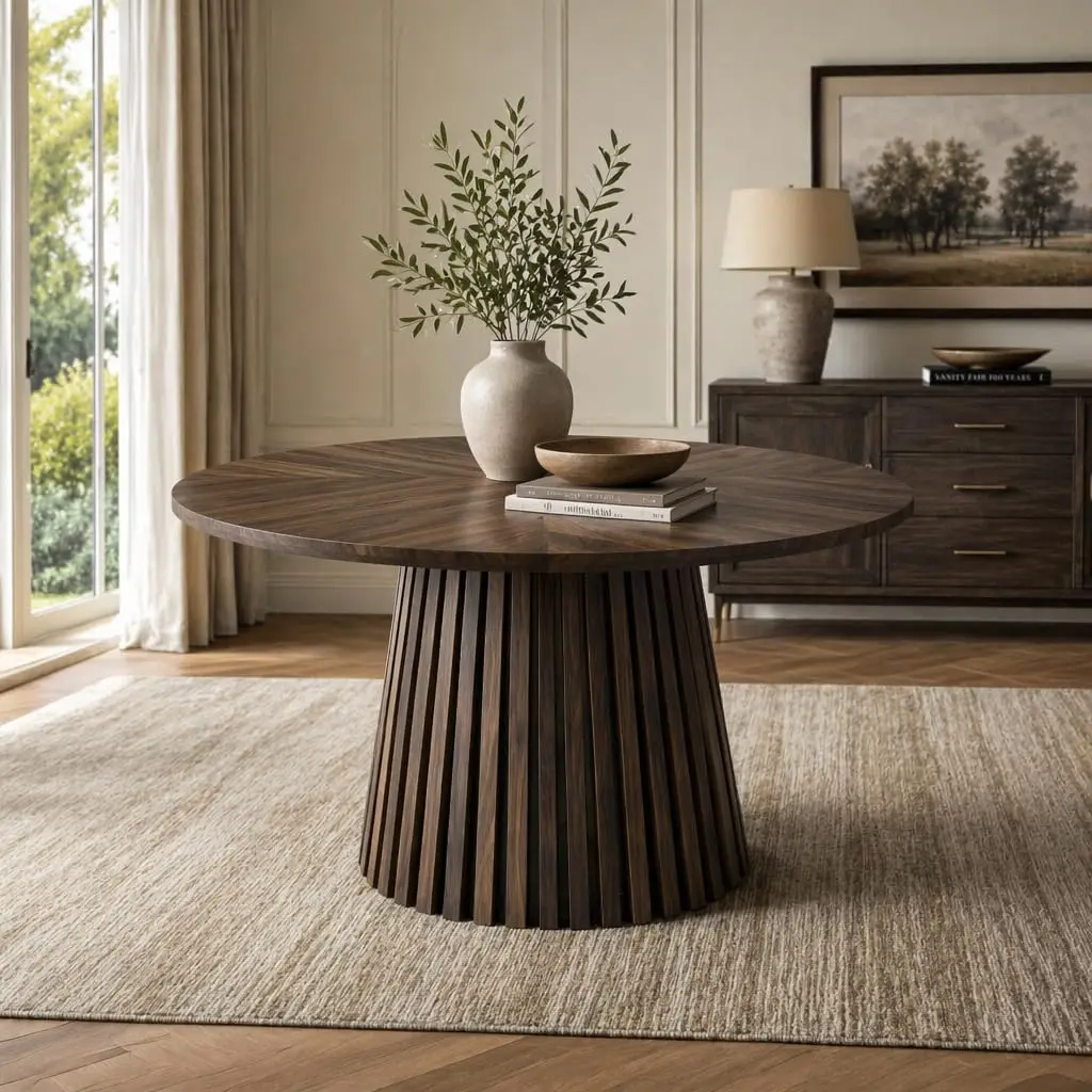 Walnut Round Wooden Dining Table Pedestal Mid Century Modern Kitchen Dining Living Room Family Gathering, Customized