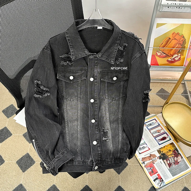 

Washed Ripped Men's Denim Jacket Spring Autumn Letter Embroidered Black Jackets American Casual Fashion Street Style Male Coat