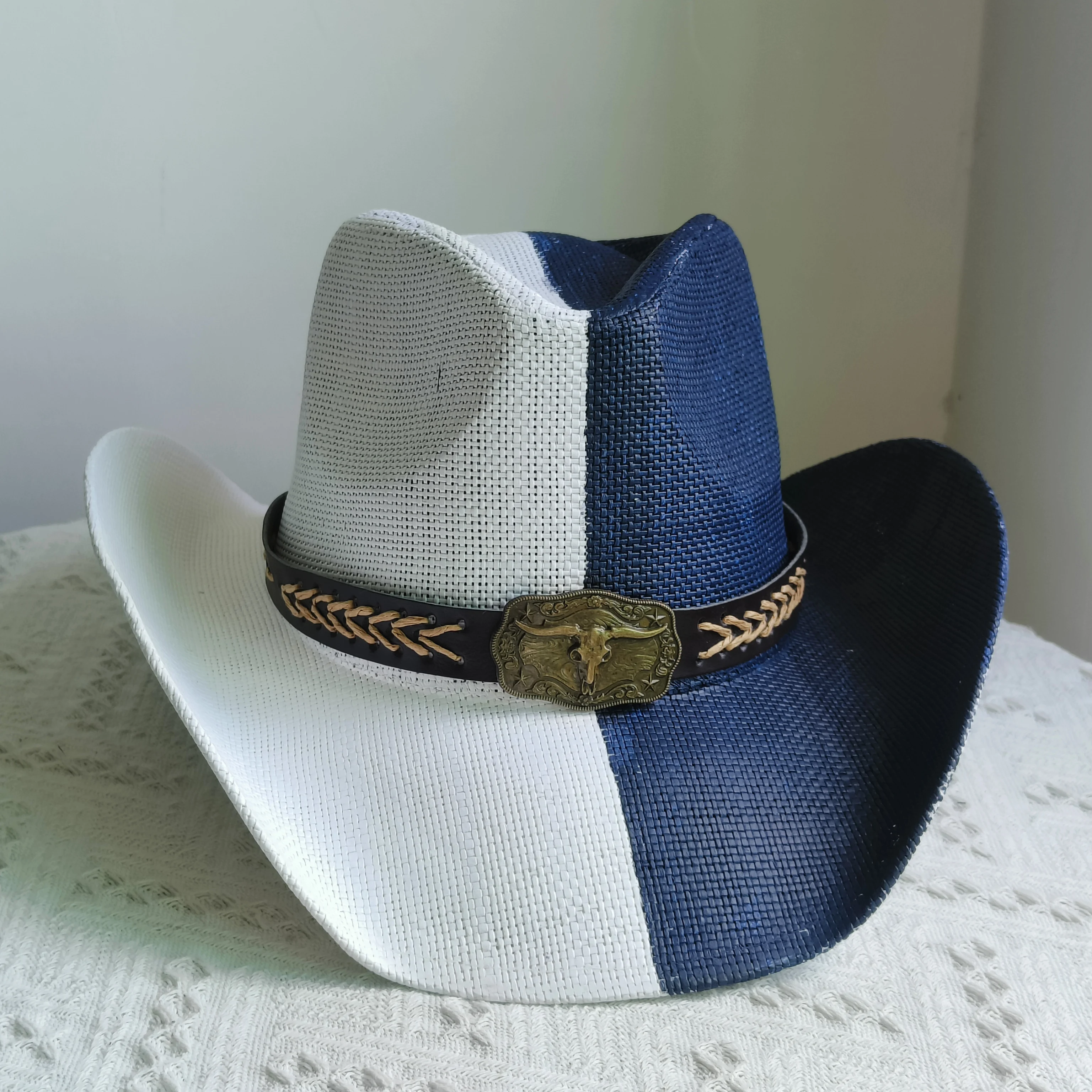 Hand-painted Western Cowboy hat two colors hat for men women Large Brim stiff straw hat black summer sombrero vaquero hombre