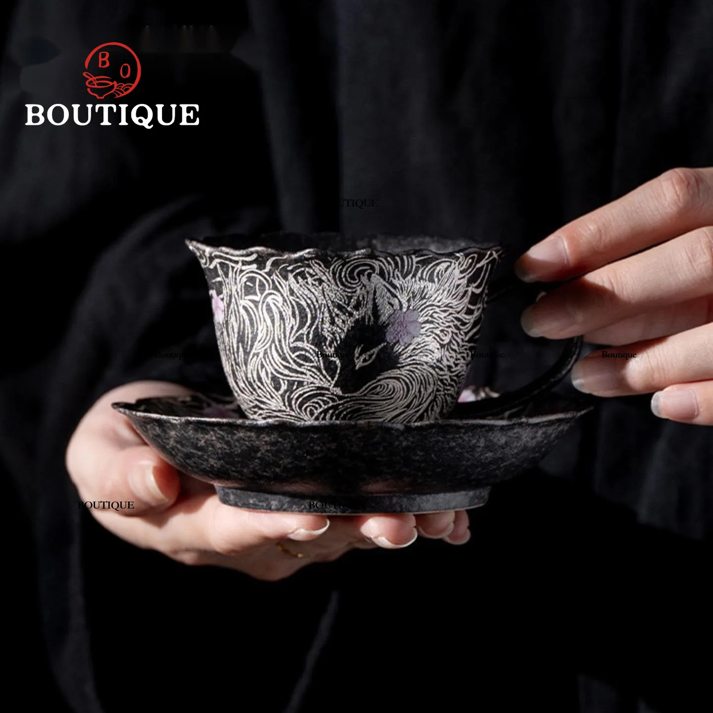 Nine-Tailed Fox Tea Cup Old Clay Cups Coffee Saucer Set Silver Ceramic Cup Chinese Retro Kung Fu Tea Set Teacups Puera Japanese
