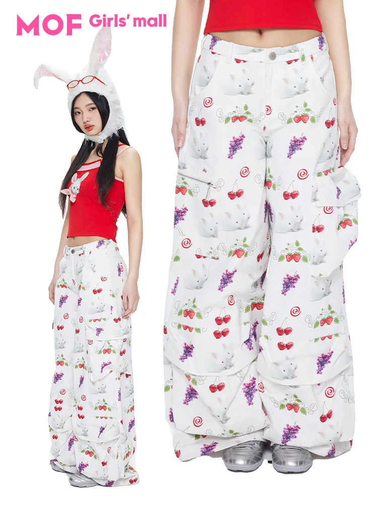 

MOF Girls Printed Rabbit Cherry Grape Wide Leg Pants Big Pocket Workwear Trousers Sweet Style Casual Pants for Women