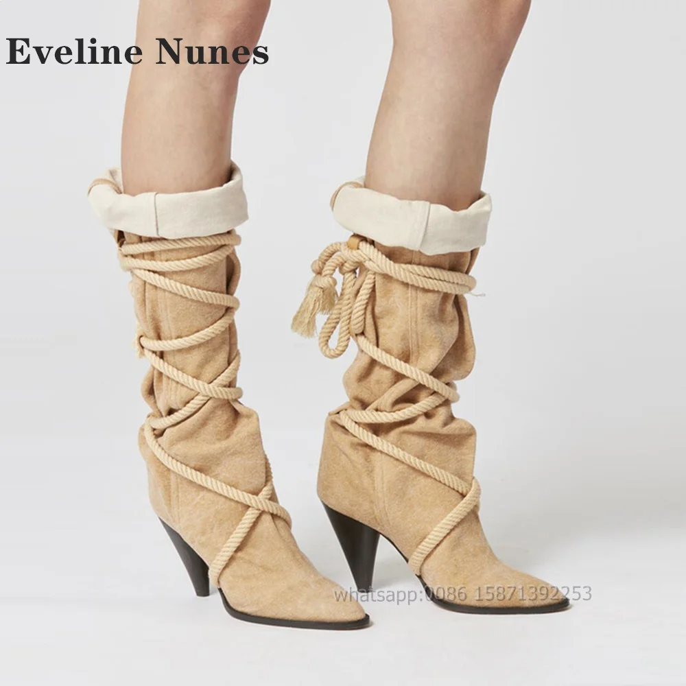 

Cross Tied Canvas Woman Booties Pointed Toe Spike Heels Pull On Patchwork Knee High Boots Large Size Solid Fashion Shoes 2024