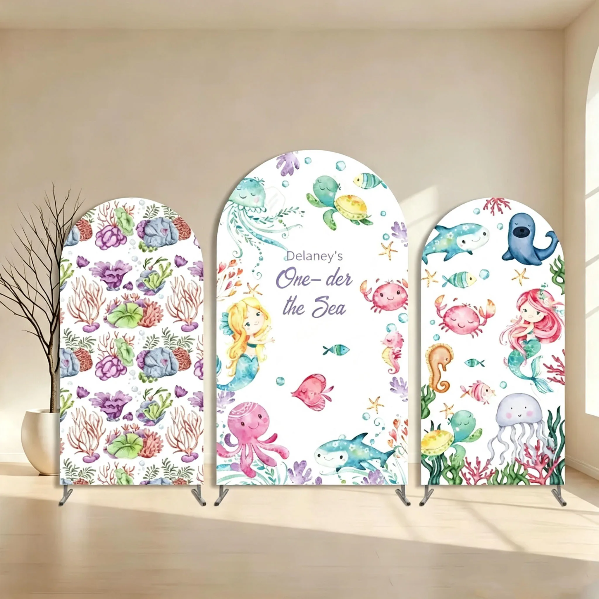 Custom Double-Sided Oneder the Sea Baby Shower Arch Backdrop Cover Pastel Mermaid Sea Ocean Animals Birthday Party Photobooth