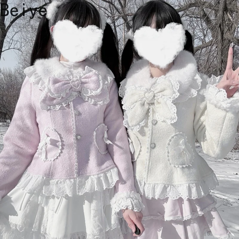 Sweet Lolita Women Short Winter Coat Faux Fur Collar Lace Ruffle Big Bow Wool‑Blend Jacket Ladies Japanese Harajuku Outerwear