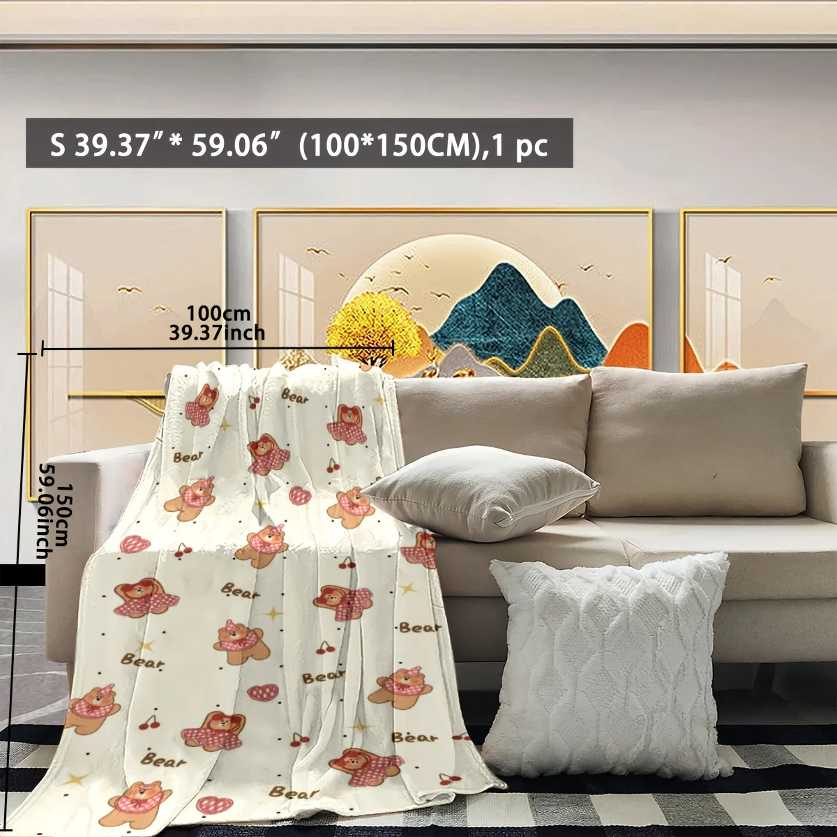 Cute Plaid Bow Bear Cherry Heart Star Print Flannel Blanket Soft Throw For Sofa Bedroom Sweet Decor Style Home Decor Gift Ideas