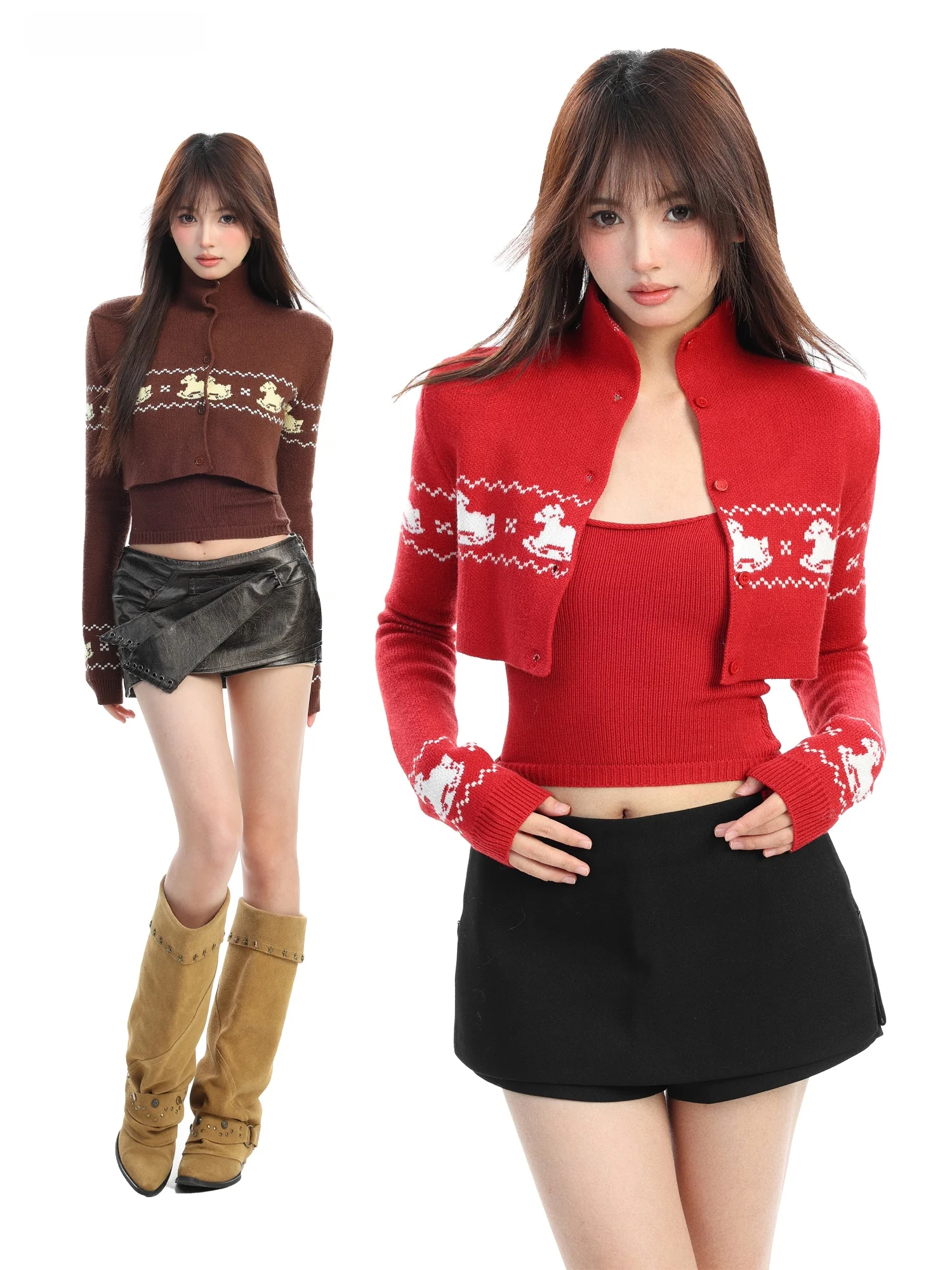 

PTGINKIN Fair Island Pattern Knitted Sweater awl Women's Autumn Winter Two-Piece Set Slim Fit Long Sve Button up