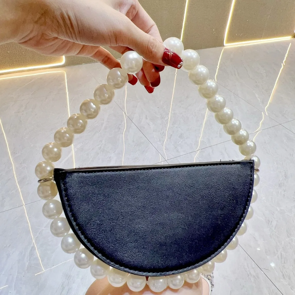 

New Beaded Evening Handbag for Women, Urban Minimalist Semi-Circle Bag, Formal Dress Clutch with Shoulder & Crossbody Chain
