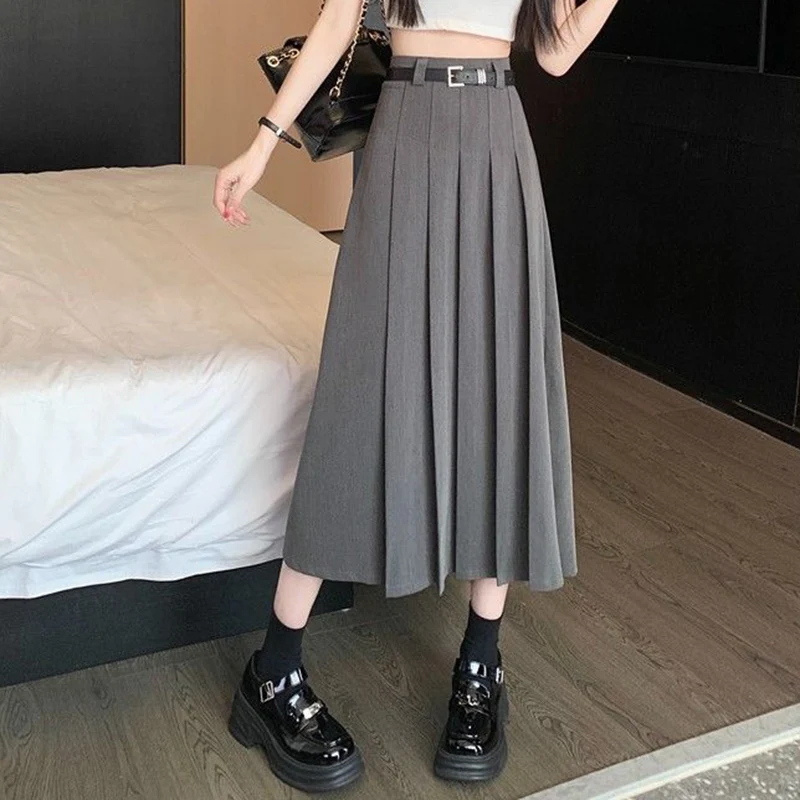 2025 New Summer Girls Concise Mid-Long JK Skirts Female Solid Color Basic A-line Dress Women Classic Korean Daily Pleated Skirts