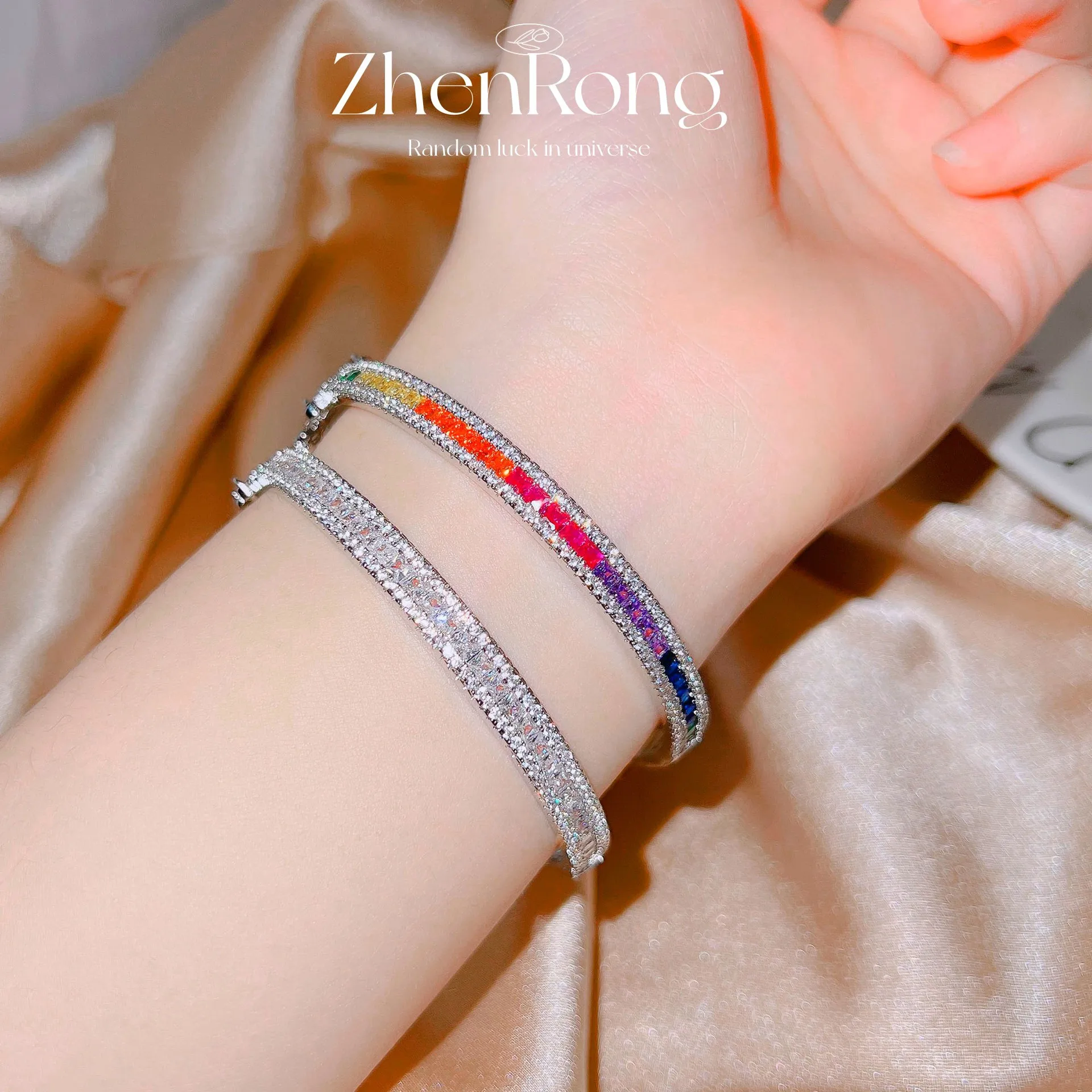 Luxury Rainbow Tourmaline Women\'s Bracelets Full of High Carbon Diamonds Bangles Female Fine Jewelry Bright Wedding Party