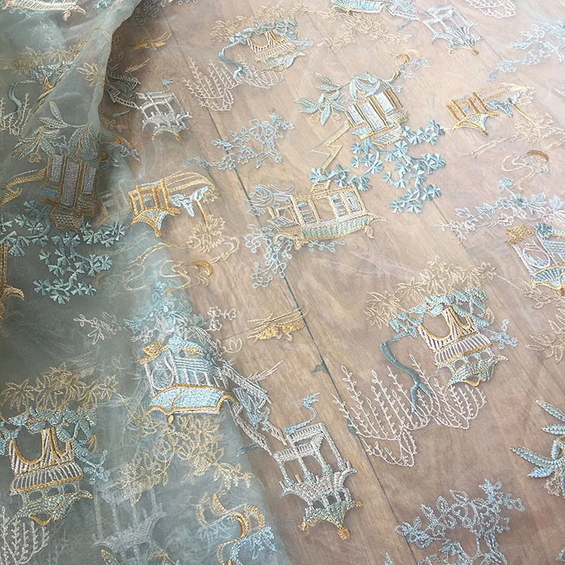 Chinese Pavilions Ancient Embroidery Pavilions Towers Organza Embroidered Chiffon Women\'s Dress Fabric