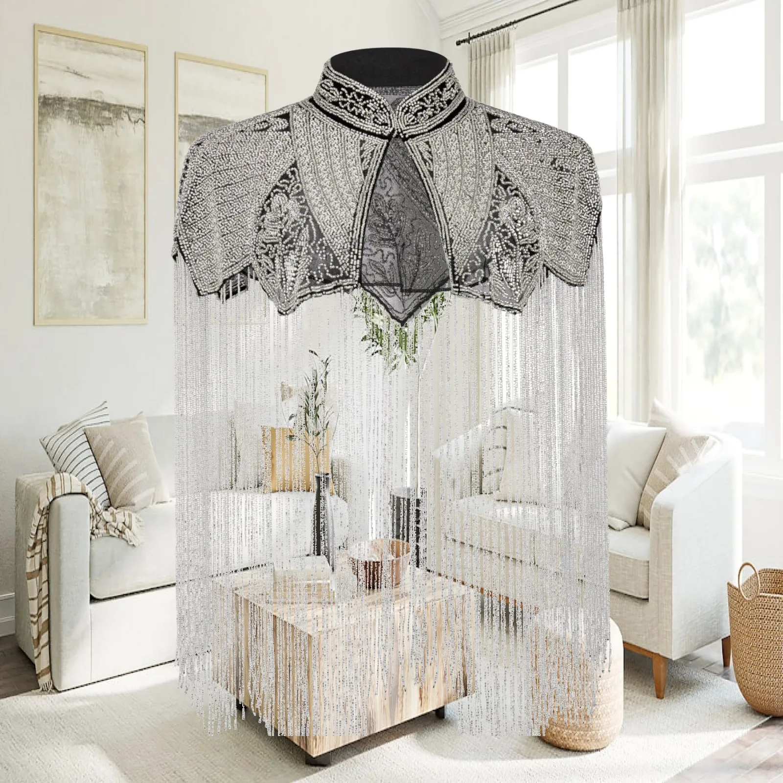 Mesh Capelet with Beaded Fringe Fringed Evening Capelet Beaded Evening Shoulder Wrap Flowing Embellished Wrap Ornate