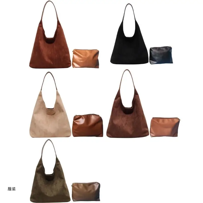 

D0UD 2pcs Casual Brown Handbag Underarm Bag Soft Leather Look for Fashionable Ladies