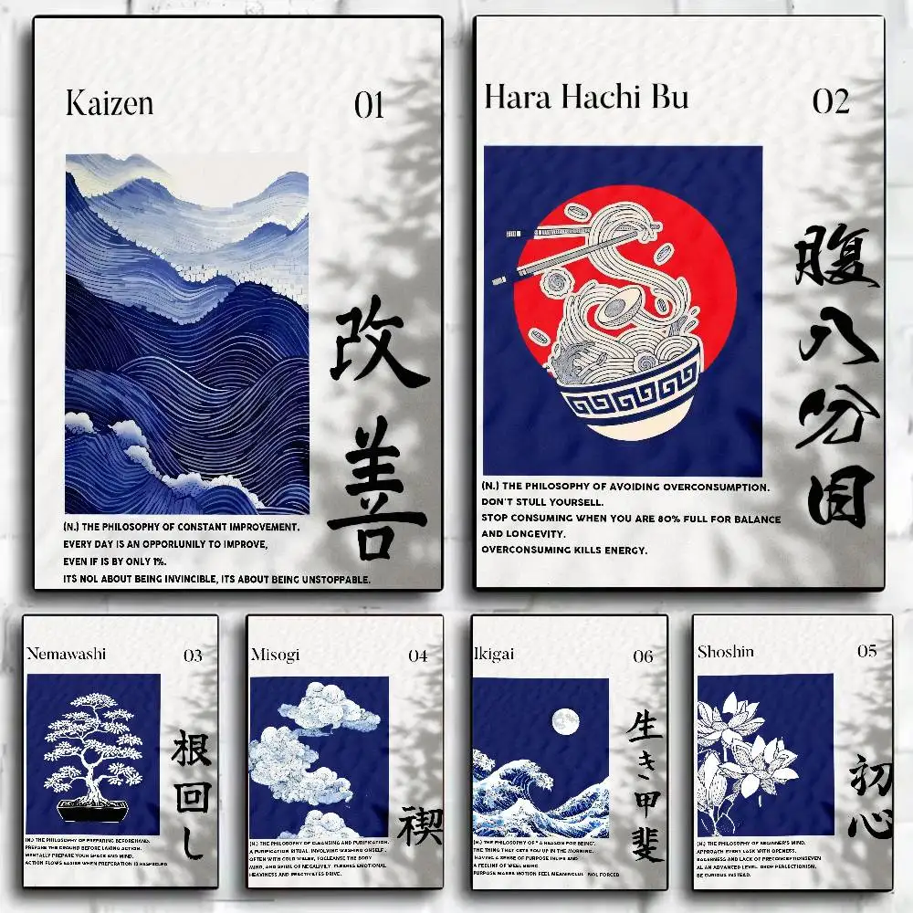 Vintage Japanese Aesthetic Poster Ukiyo-e Style Mountain Bonsai Ocean Wave Kanji Blue White Asian Landscape for Home Room Decor