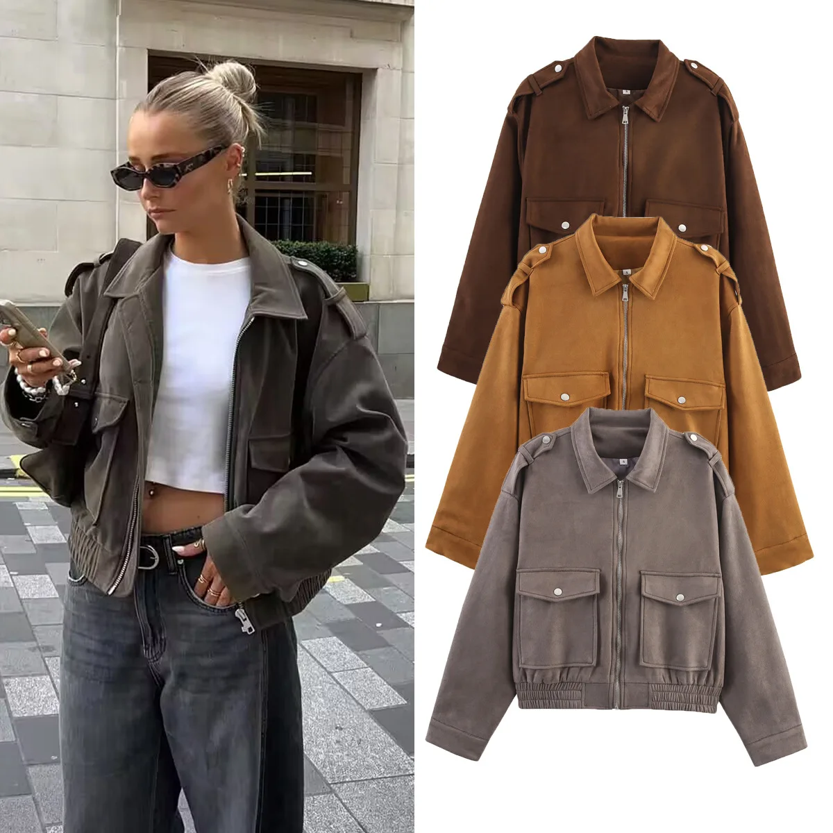 

Women Suede Fabric ﻿Jacket New Autumn Winter Long Sleeve Zipper Coat Female High Street Outerwear Long Sleeve Jackets