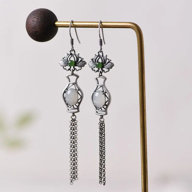 

FNJ 925 Silver Tassel Lotus Earrings for Women Jewelry Pure Original S925 Silver Sterling Drop Earring Natural Hetian Jade